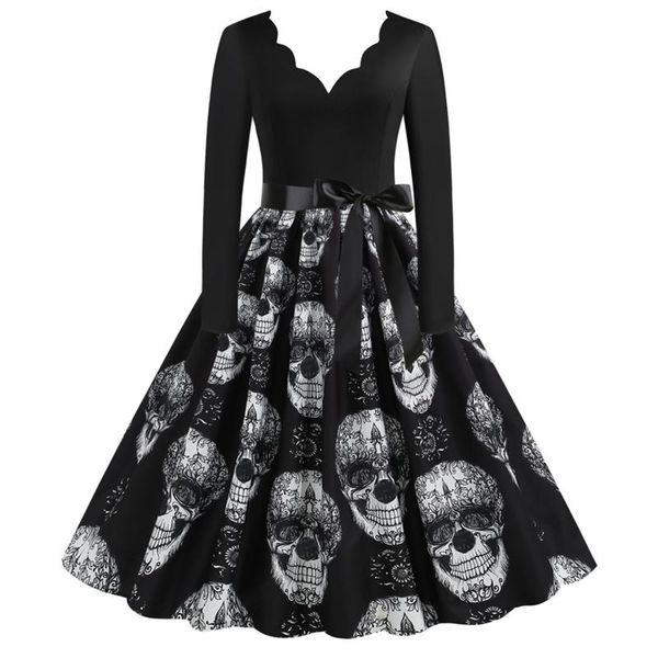 

casual dresses s-3xl women halloween dress vintage pinup gothic print v-neck black patchwork long sleeve party festival plus size robe, Black;gray