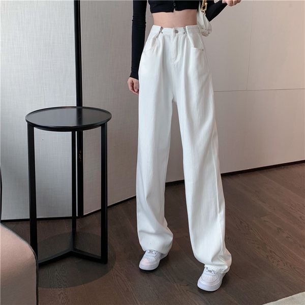 

women's jeans jeans, autumn, white, high waist, straight tube, loose leg, style, long pants for floor, yeln, Blue