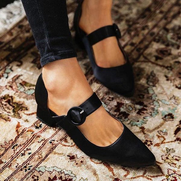 

dress shoes large sizes thick heel buckle slip on women loafers solid color pointed toe one bandage jenny, Black