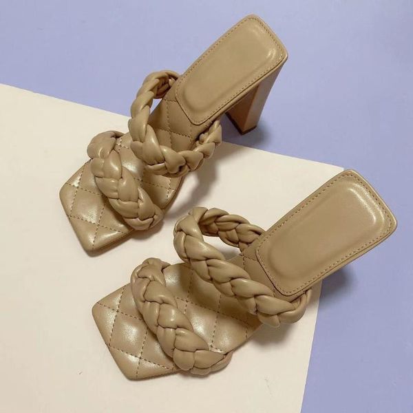 

summer pu leather braided thin high heel sandals slides women party shoes cross wove folds mules slippers 42, Black