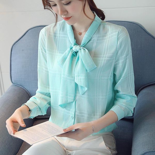 

fashion bow tie long sleeve blouse women office lady plaid chiffon shirts plus size style pink white women's blouses &
