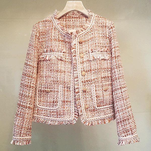

women's jackets est fashion designer pink woolen tweed jacket temperament long sleeve plaid tassel elegant outwear, Black;brown