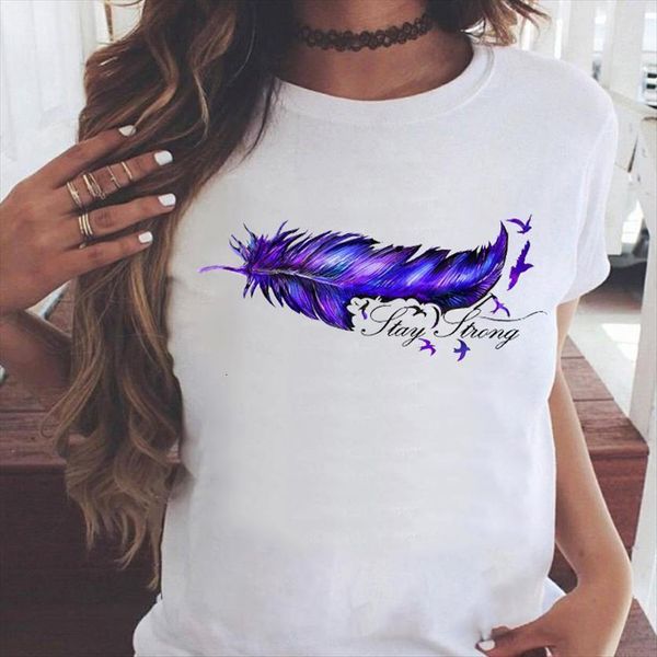 

graphic feather watercolor printing womens t shirt 90s clothing cute summer casual fashion print female clothes tees, White