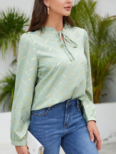 

argyle print tie neck puff sleeve blouse n3xi#, White