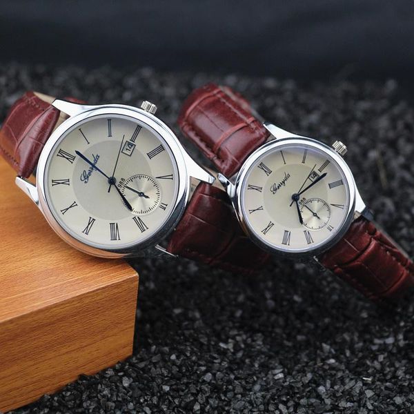 

wristwatches water proofleather ,sier plating case,auto date function,gerryda fashion lover couple quartz watch,is one piece price, Slivery;brown