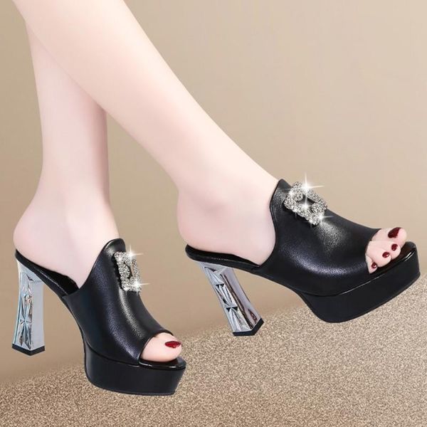 

slippers women's summer flip flops leisure slip on slides peep toe square heels casual shoes party beach woman, Black