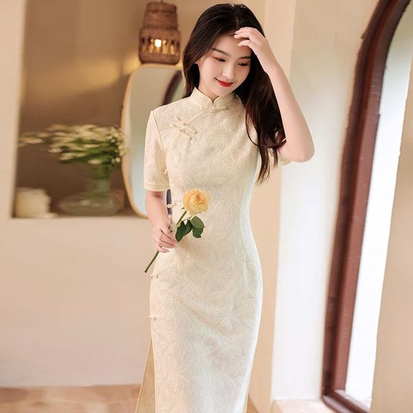 

ethnic clothing lady white satin cheongsam vintage button mandarin collar qipao chinese bride wedding dress gown lace floral vestidos, Red