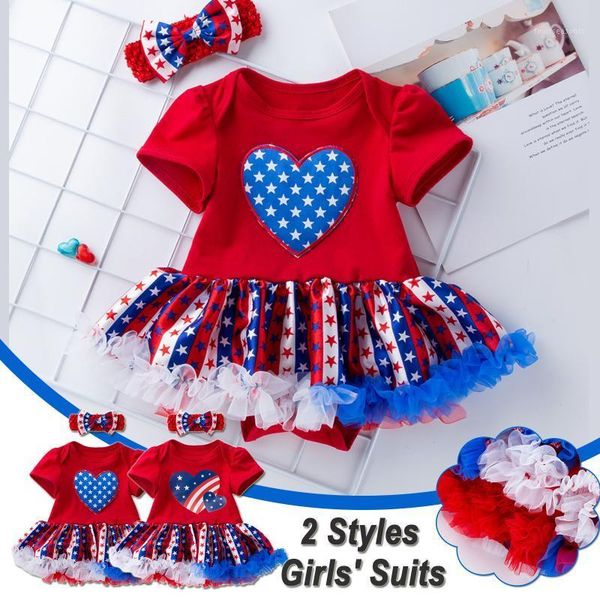 

girl's dresses 2021 toddler kids baby girl independence day romper star stripe printing heart lace splicing sleeve suspender jumpsuit f, Red;yellow
