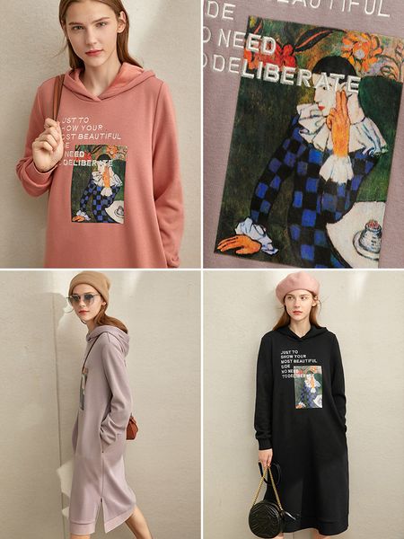 

casual dresses vestido de inverno para mulheres com capuz estampado, vestidos casuais mulheres, moletom reto bordado 11920356 61x0, Black;gray