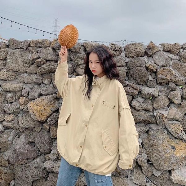 

women's jackets korean version of the solid color hong kong style tooling jacket female students autumn long-sleeved retro loose wild, Black;brown