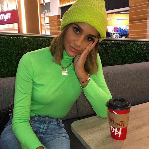 

women's polos 2021 female fashion turtleneck long orescent sleeves tight shirt two colors are available single commuter, White