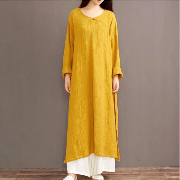 

casual dresses cotton linen solid women split dress 2021 spring vintage long sleeve o-neck loose plus size l-6xl red black yellow, Black;gray