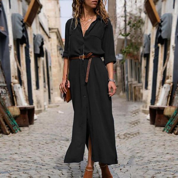 

casual dresses elegant straight maxi dress for women autumn solid color button up long with sashes turn-down collar vestido, Black;gray