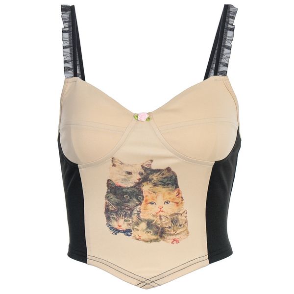 

shestyle wrap patchwork camis women summer 2021 cats printed backless asymmestical yarn strappy crop basic teesby ai, Black;white