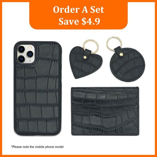 

card holders customized name holder leather heart keychain embossed crocodile phone case for iphone 11,12 pro max gift set, Brown;gray