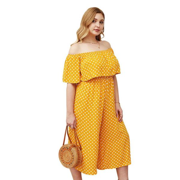 

women's jumpsuits & rompers short-sleeved high waist jumpsuit dot print yellow plus size slash neck loose summer women calf-length pant, Black;white