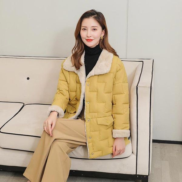 

women's down & parkas lamb women 2021 solid color long sleeve winter jacket loose plus velvet thick coat female, Black