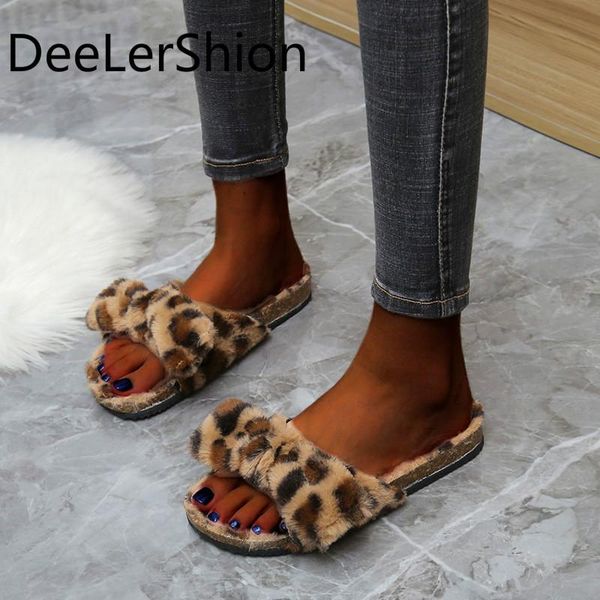 

large size 43 women flats slippers 2021 winter warm plush wool women's leopard print home flip flops fuzzy, Black