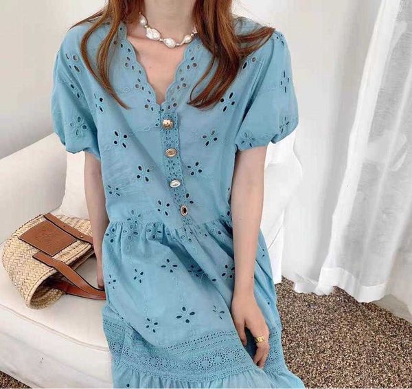 

women's t-shirt women korean summer elegant vintage v-neck sleeve button up embroidery hollow out flower midi long es ladies fxog, White