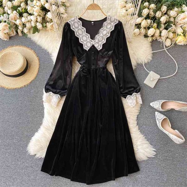 

velvet dress women autumn winter floral lace splicing v-neck long sleeve slim high waist a-line vintage party dresses robe 210603, Black;gray