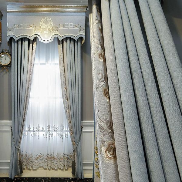 

custom curtain simple cashmere chenille blue grey stitching retro american thick cloth blackout valance tulle panel c173 & drapes