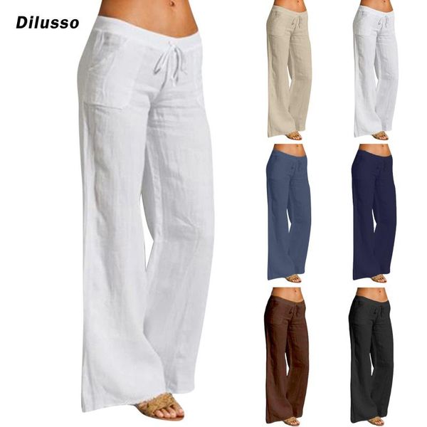

women's pants & capris women wide leg high waist belt solid color casual cotton linen long straight female ankle-length length trousers, Black;white