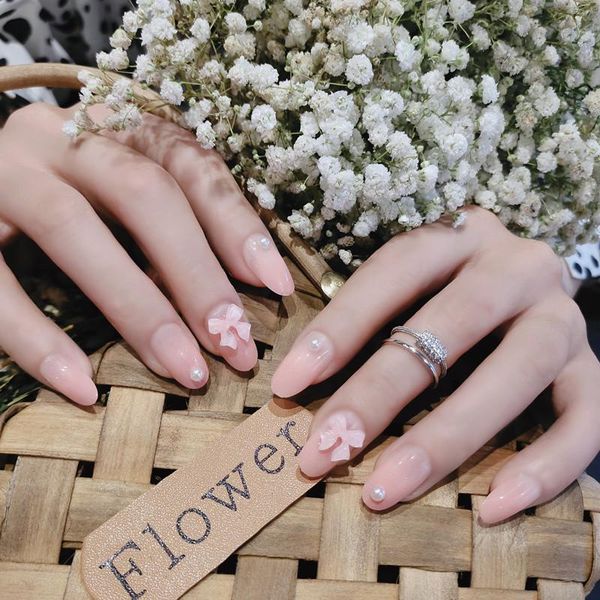 

false nails 24pcs bow fake nail patch nude pink glue type removable mid length paragraph fashion manicure fa, Red;gold