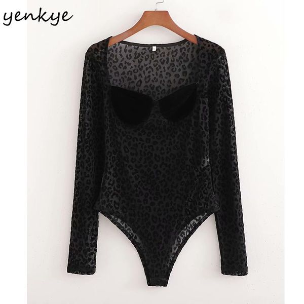 

women's jumpsuits & rompers yenkye fashion women vintage leopard print bodysuit long sleeve transparent body femme, Black;white