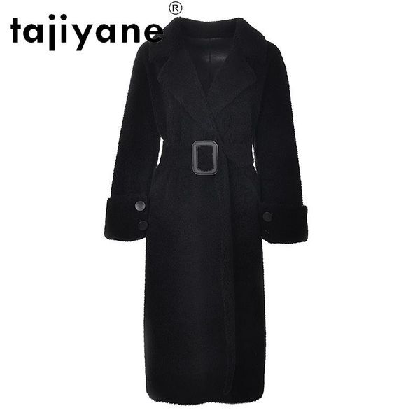 

women's fur & faux winter women coats 2021 real coat 100% wool jacket woman sheep shearing long jackets abrigo mujer tn1632, Black