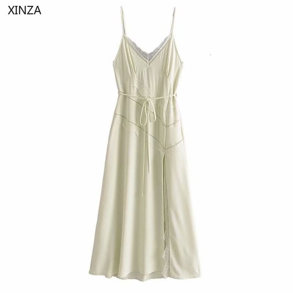 

casual dresses women summer lace long slip sleeveless straps evening fashion tied belt woman backless green h1aw, Black;gray