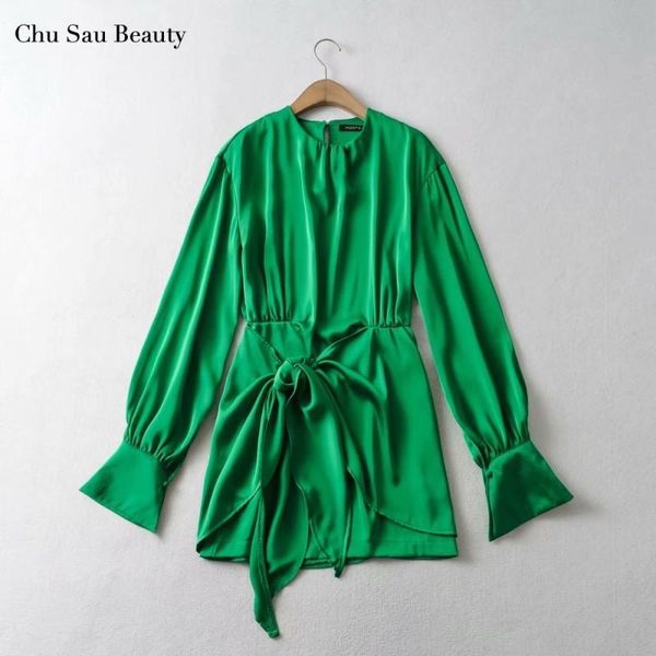 

casual dresses chu sau beauty 2021 fashionable women's satin dress elegant long sleeve mini knot party 3 colors, Black;gray