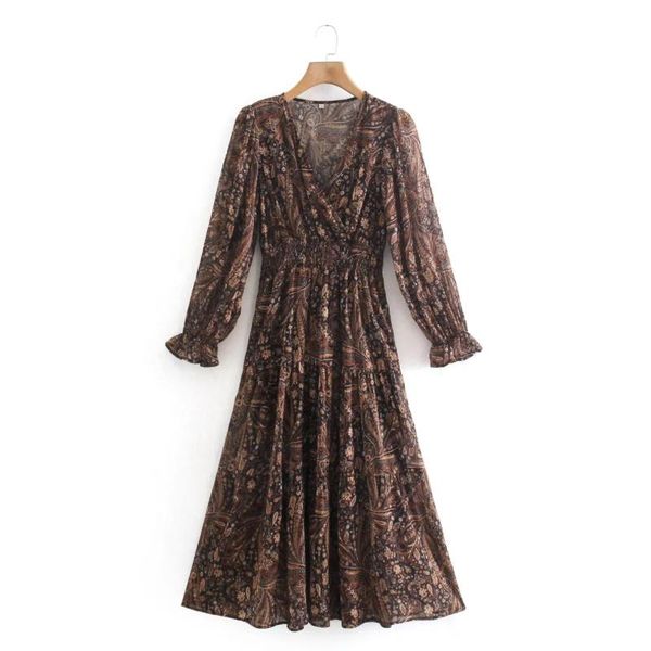 

casual dresses women vintage printing chiffon v neck elastic waist midi dress female long sleeve clothes lady loose vestido d8837, Black;gray