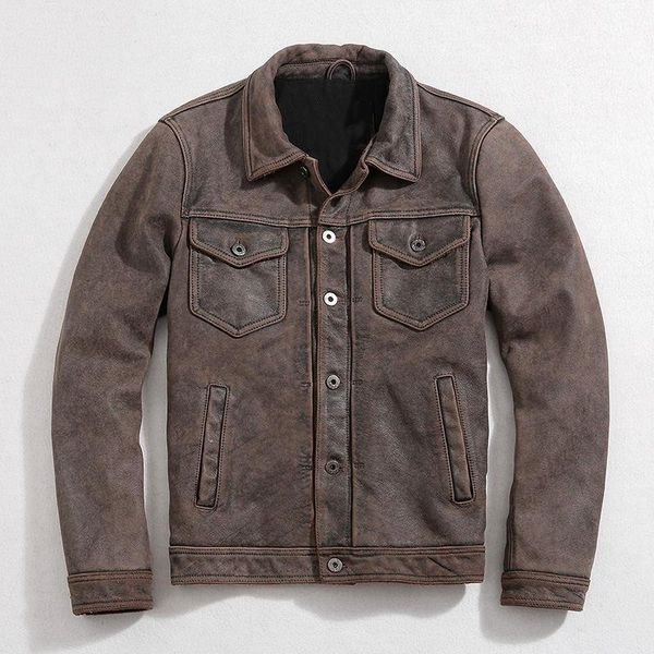 

men's leather & faux 2021 vintage brown casual style genuine jacket men double pockets plus size 3xl real natural cowhide short autumn, Black
