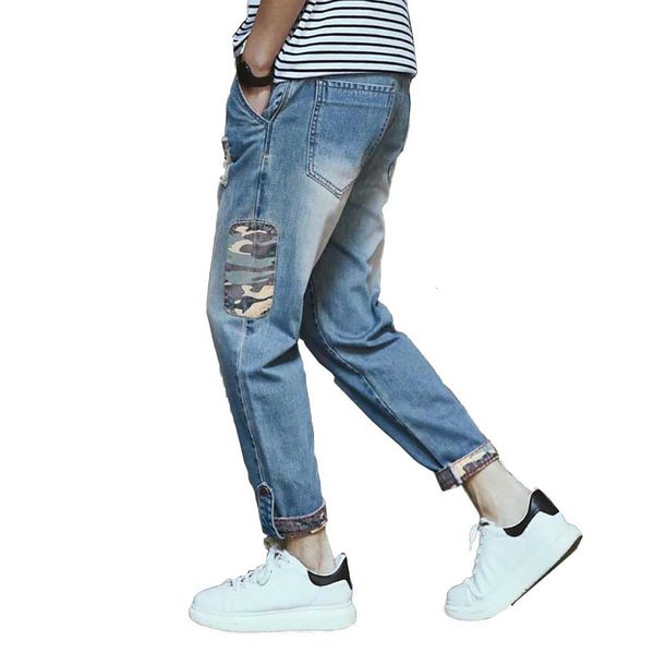 

jeans fashion ripped for men casual denim jeans pants ny vintage mens clothing japanese streetwear hip hop harem trousers, Blue