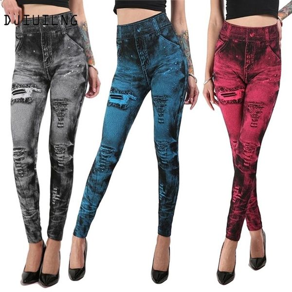 

women 2021 imitation distressed denim jeans leggings casual high waist slim elastic pencil pants sport leggins femal push up women's, Black