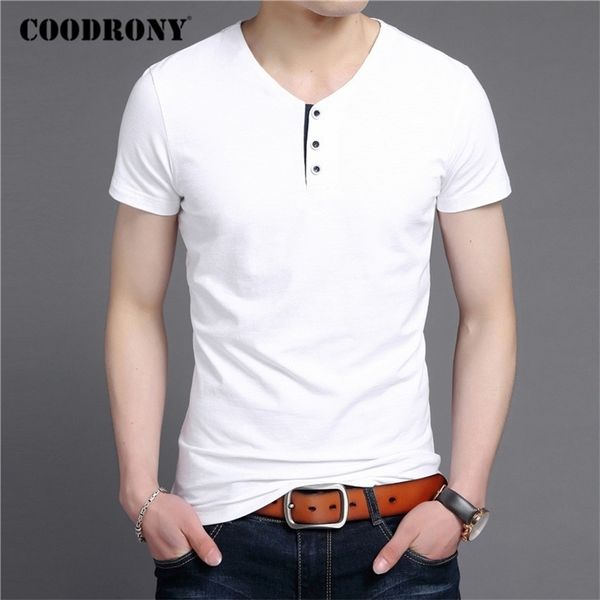 

coodrony short sleeve t shirt men summer streetwear casual cotton tee shirt homme fashion button henry collar t-shirt men c5091s 210324, White;black