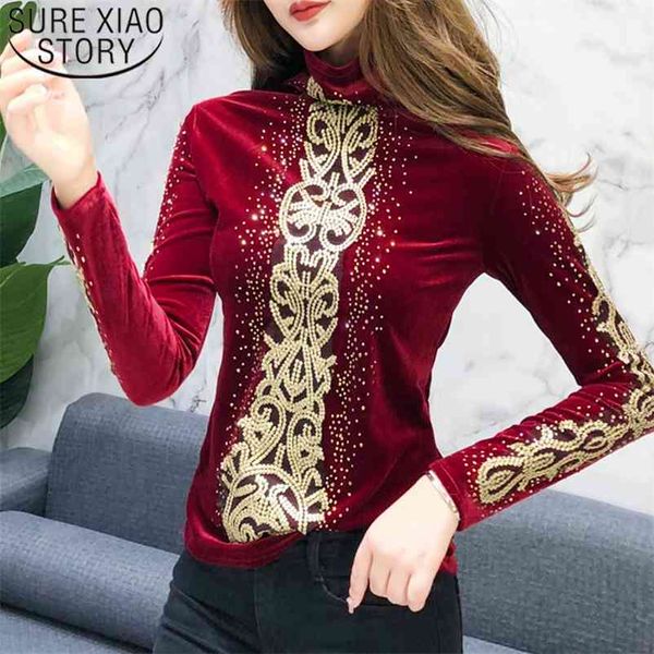 Koreanische Modekleidung Velvet Diamonds Leopard Rollkragenpullover Plus Size Damen Tops Schwarz Langarm Top Shirts 7853 50 210508