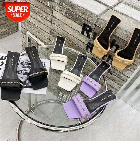 

zi ling new korean style temperament small square head low heel sandals simple one-word chain outdoor slippers #wq86, Black