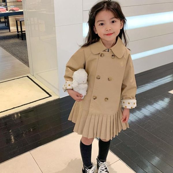 

jackets pleated coat for kids 2021 spring autumn outerwear double breasted long turn-down collar medium length girl's windbreaker, Blue;gray