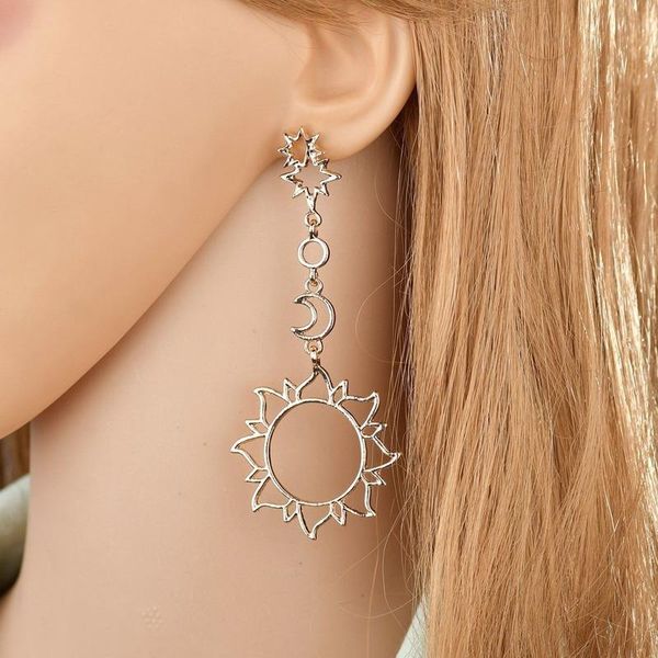 

dangle & chandelier seller european american retro exaggerated asymmetric sun moon earrings internet celebrity fashion trendy slimming, Silver