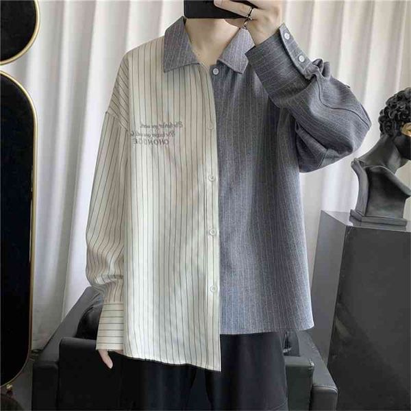 

2020 autumn new vertical stripe long sleeve shirt men's korean chao brand loose stitching irregular shirt, White;black