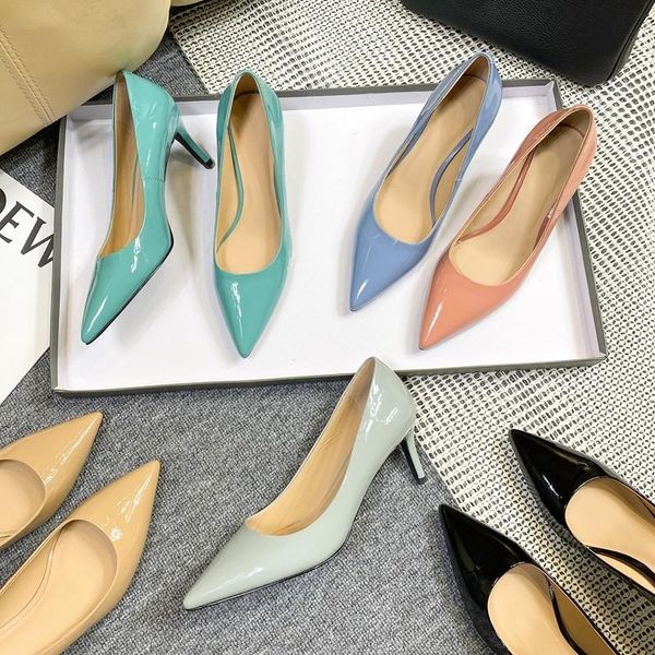 

dress shoes wedding bride high heels patent leather pointed toe thin pumps woman pink 2021 spring ladies party stiletto, Black