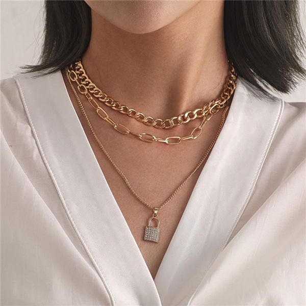 

gothic multi layered long chain choker crystal lock pendant necklace for women men punk padlock jewelry chokers, Golden;silver