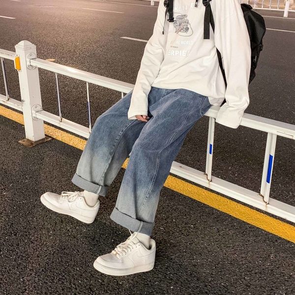 

women's pants & capris gradient color jeans men models all-match plus size wide-leg casual pants male straight loose spring ha, Black;white