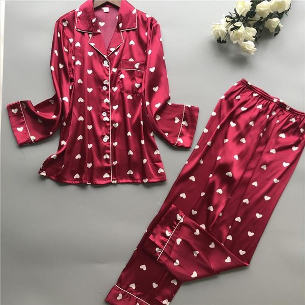 

satin pyjamas pajamas sets with womens sleepwears pants flower print long sleeve silk sleepwear pijama mujer female nightsuit, Black;red