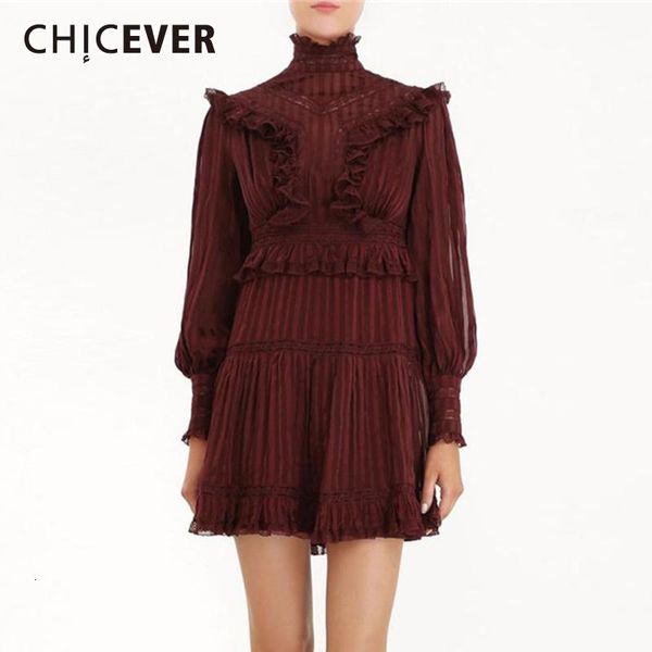

casual dresses chicever vintage ruffle pleated dress women stand collar lantern sleeve high waist tunic mini female autumn fashion 2021, Black;gray