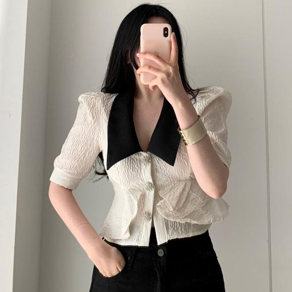 

women's blouses & shirts women shirt 2021 summer korean chic retro lapel color-blocking three-button ruffled texture puff sleeve, White