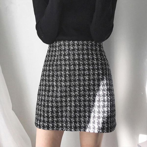 

retro black woolen plaid womens skirts high waist a line short autumn elegant female mini femme jupes