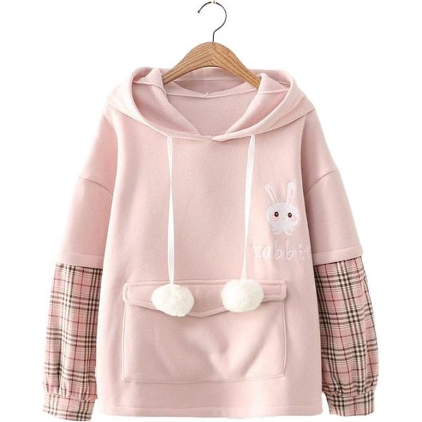 

women's hoodies & sweatshirts women cartoon embroidery harajuku with ears on hood patchwork hooded plus velvet kawaii pullovers, Black