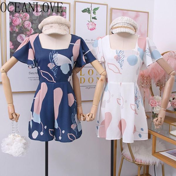 

beach style print floral women jumpsuit 2021 spring summer high waist ropa mujer fashion short sleeve bodysuit 14494 women's jumpsuits, Black;white